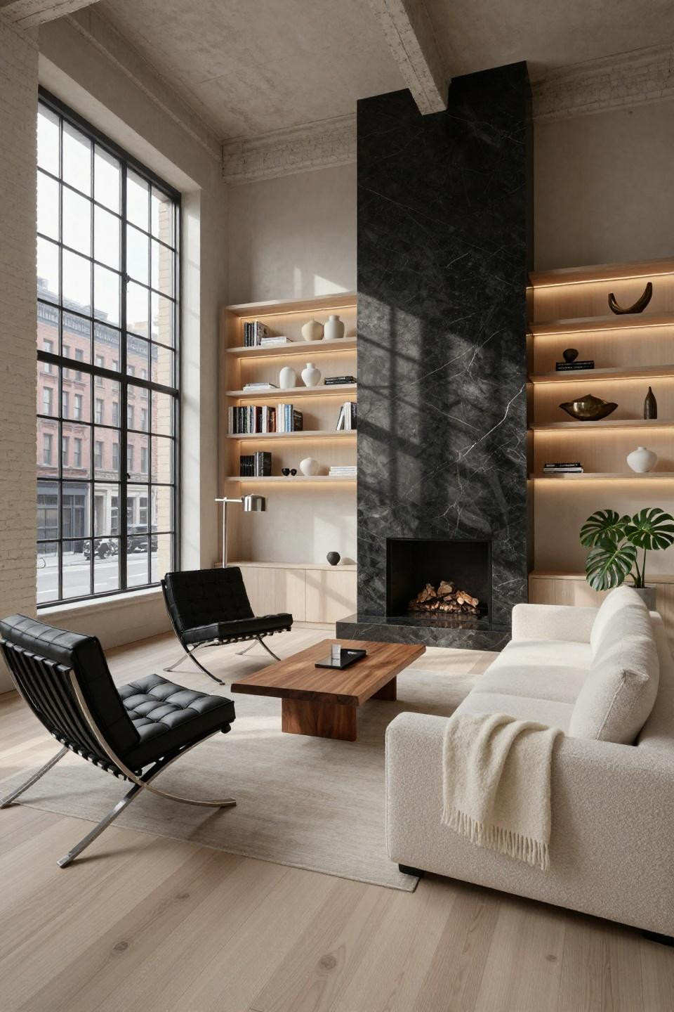 TV in corner of living room layout with honed Absolute Black granite