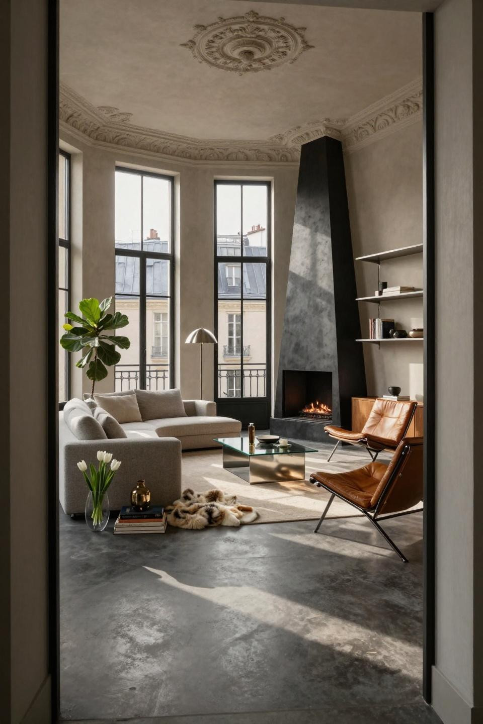 Angled fireplace living room layout with blackened steel and Douglas fir millwork
