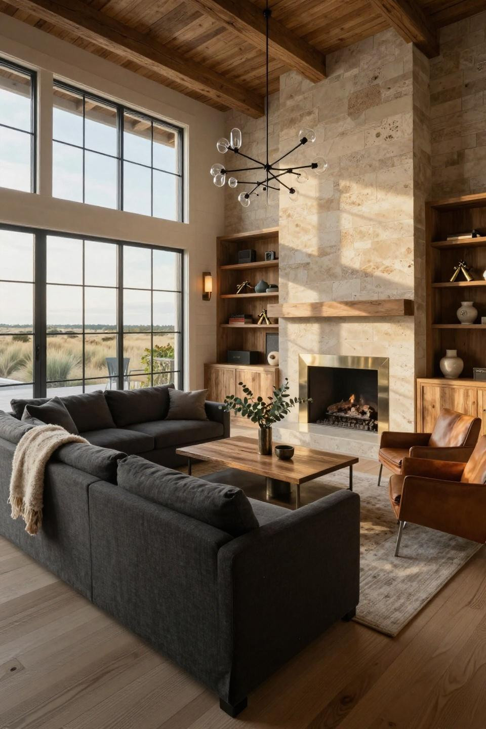 Small corner fireplace ideas with Jerusalem limestone and cerused oak built-ins