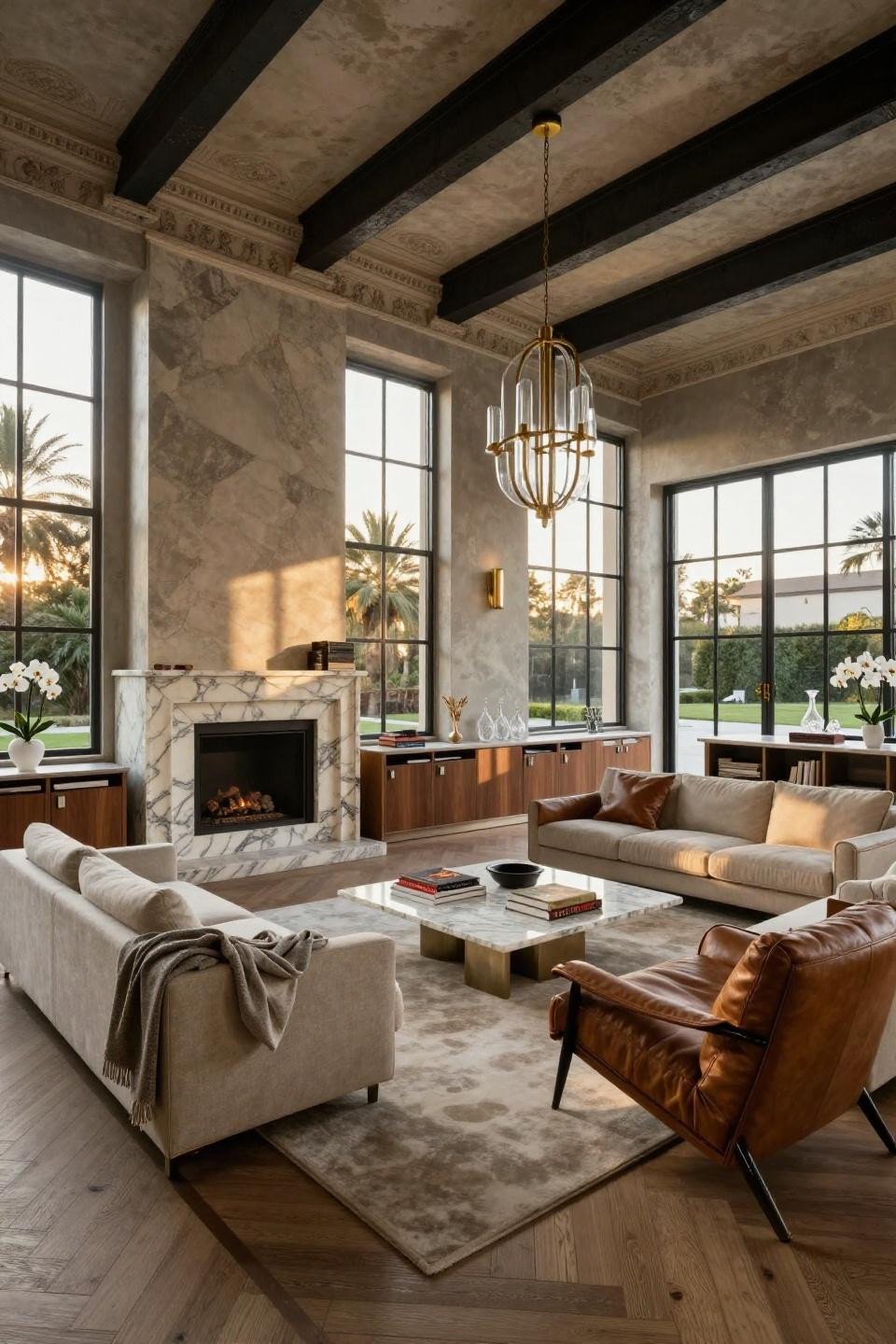Corner fireplace with TV above featuring Calacatta Viola marble and platinum detailing