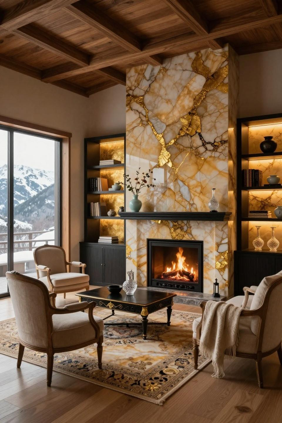 Corner fireplace ideas with TV featuring backlit honey onyx and 24k gold leaf