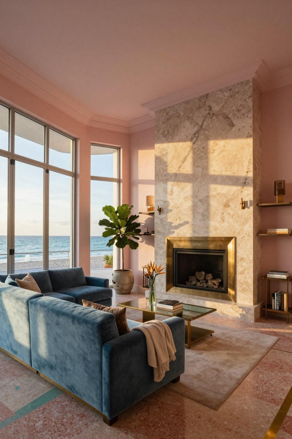 Corner fireplace with built-ins featuring honed travertine and brushed bronze