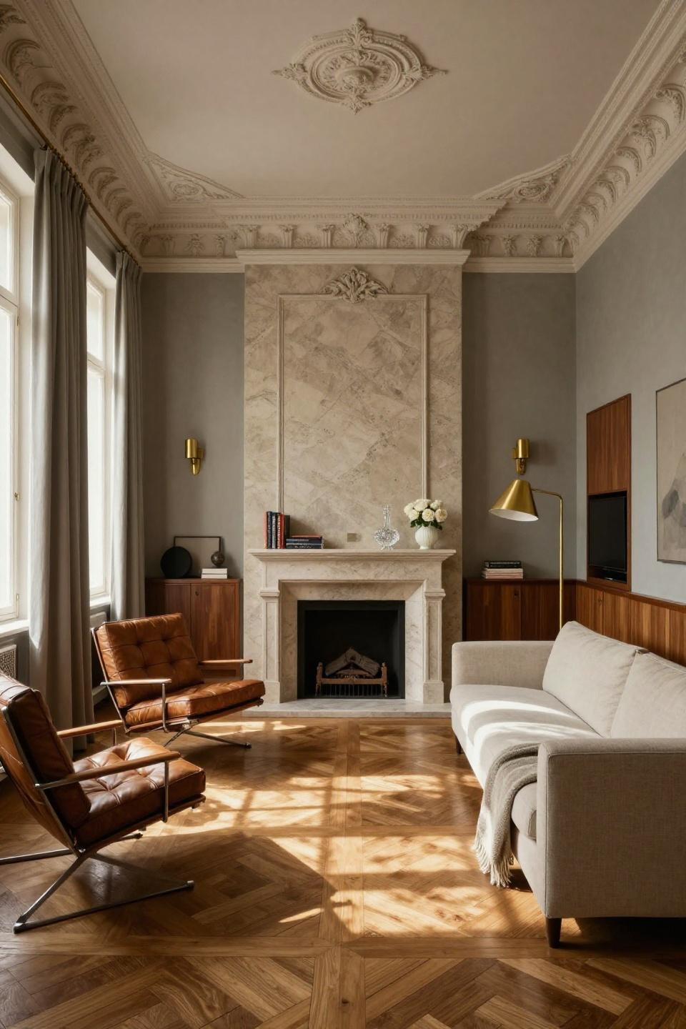 Corner fireplace design with honed French limestone and walnut built-ins