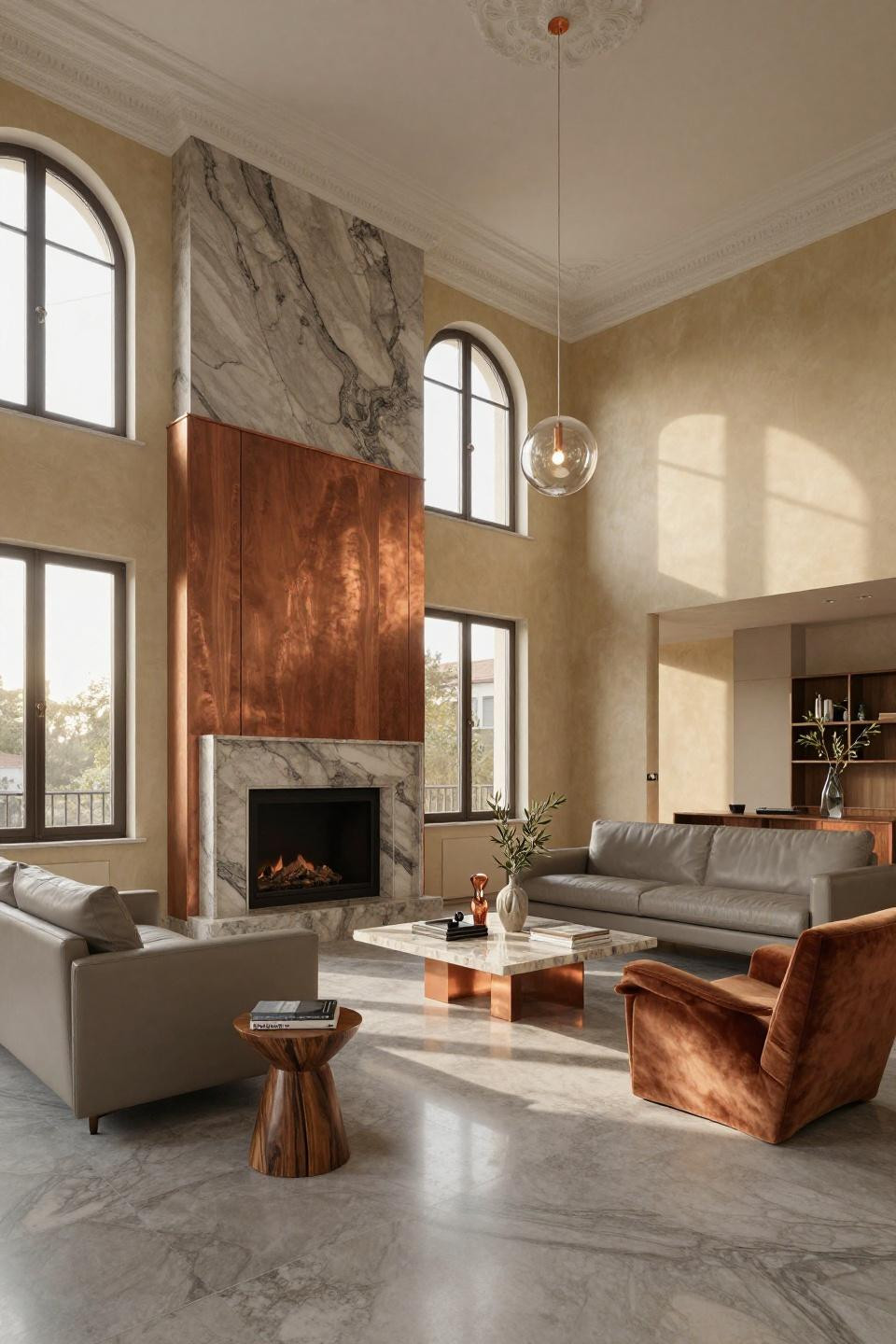 Corner fireplace living room with TV featuring quartzite and aged copper surround