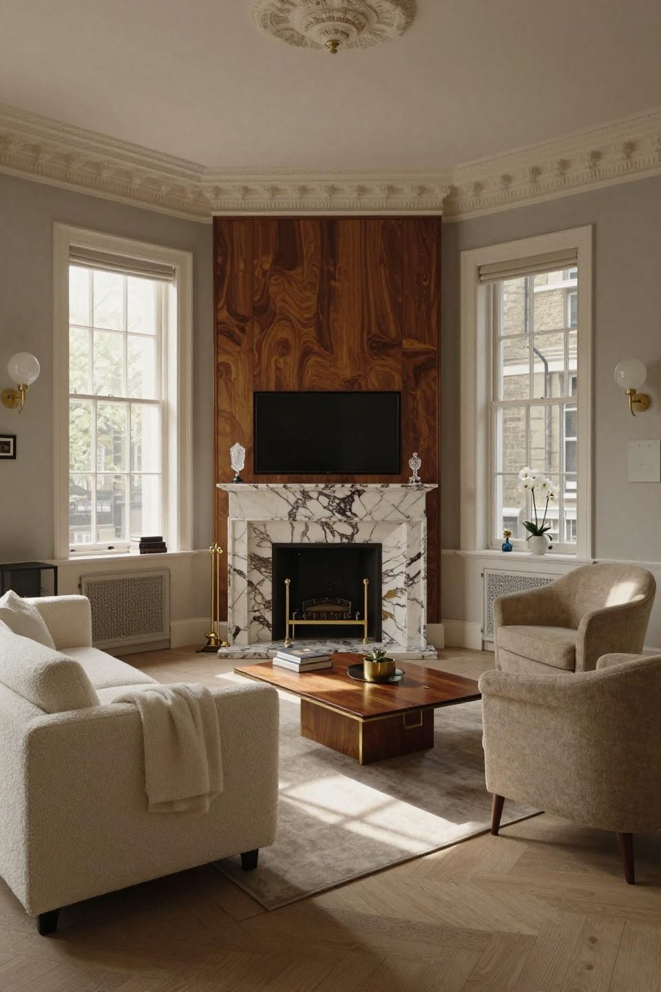 Corner chimney living room with Calacatta Gold marble and bespoke walnut millwork
