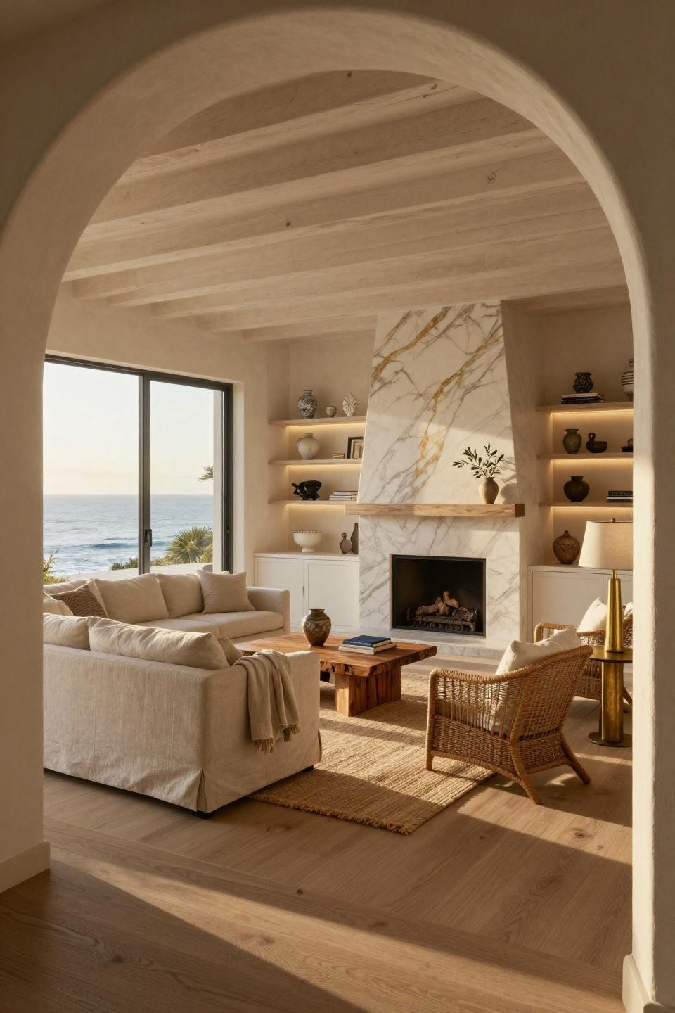 Small living room with corner fireplace featuring Calacatta Gold marble and bleached oak flooring