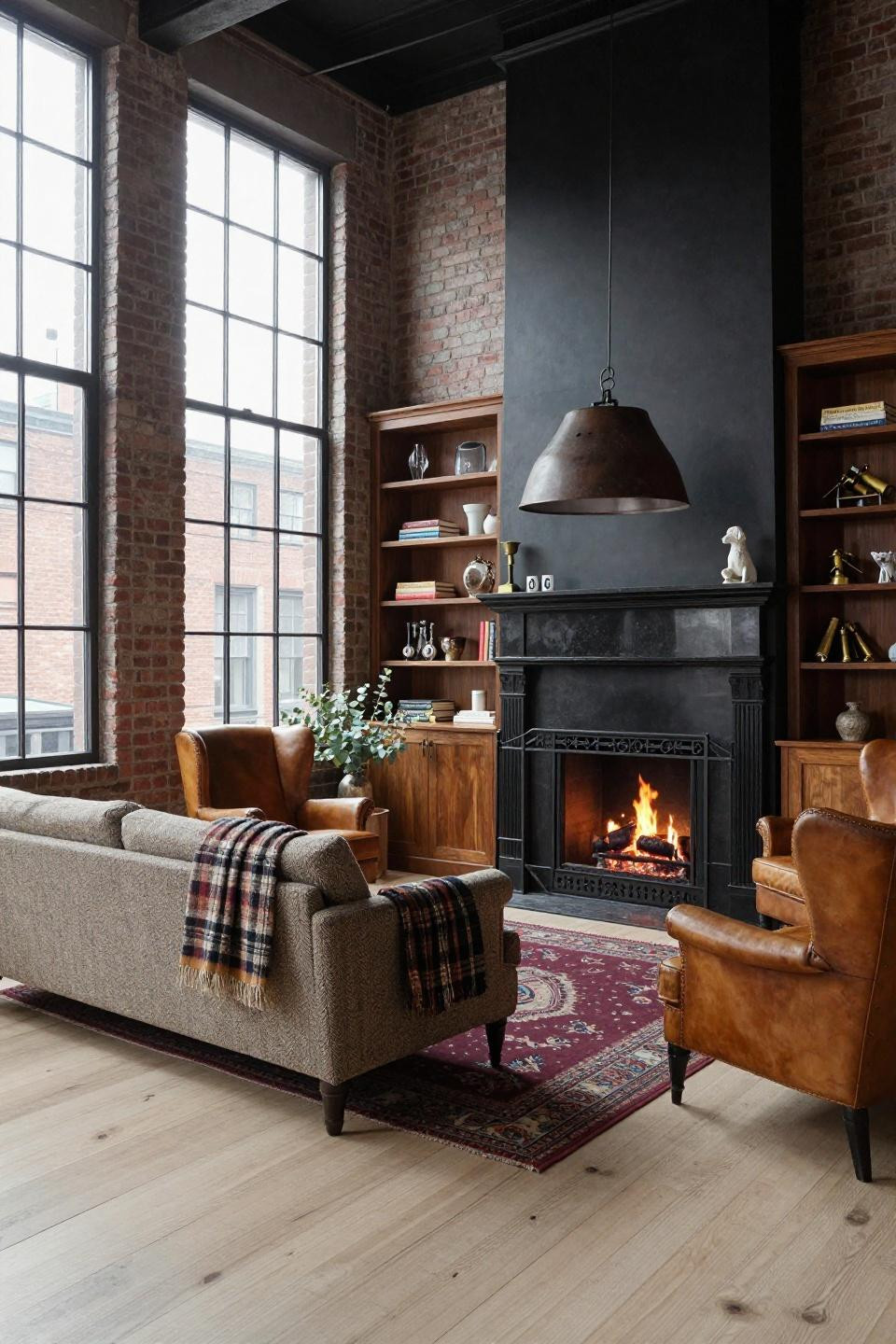 Corner fireplace living room layout with honed Absolute Black granite and walnut built-ins in Tribeca loft