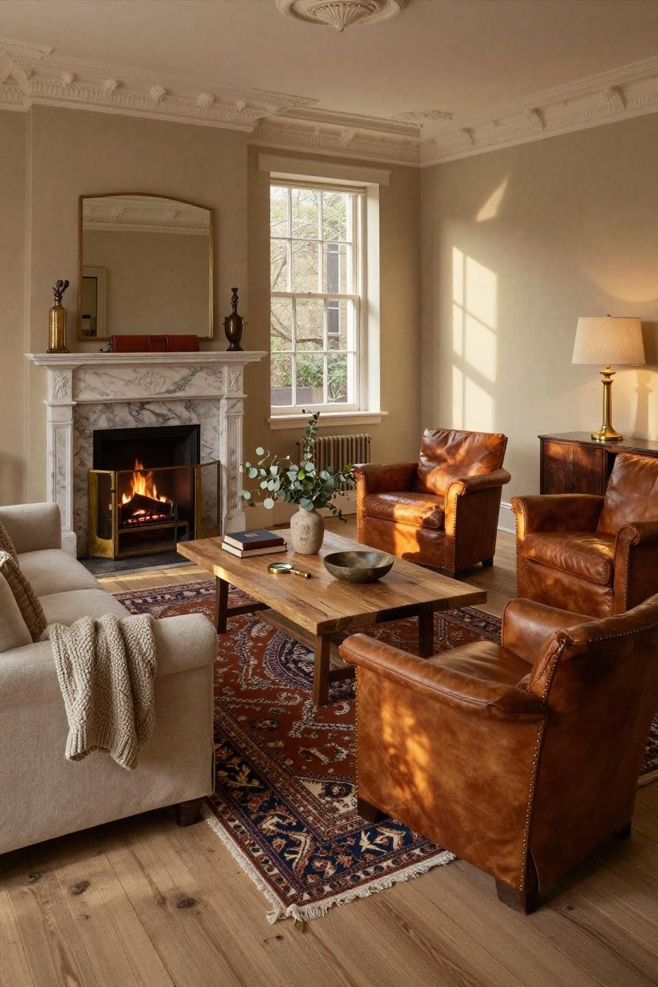 Corner chimney living room with honed Carrara marble original Georgian fireplace surround and aged brass firescreen