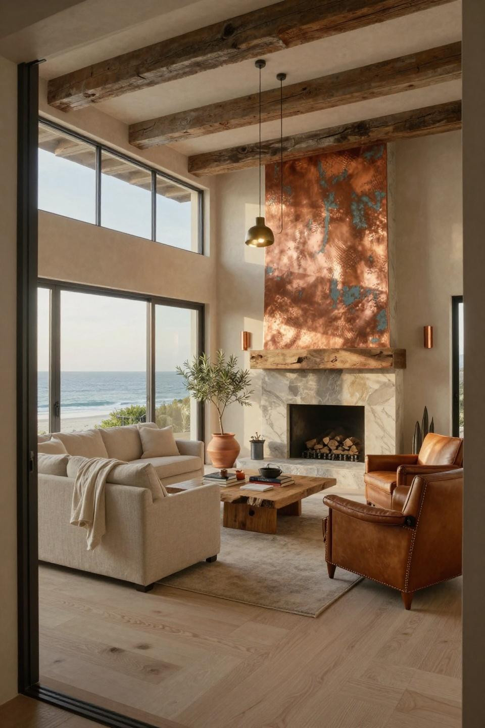 Corner chimney living room featuring honed quartzite with aged copper surround and hand-hammered texture