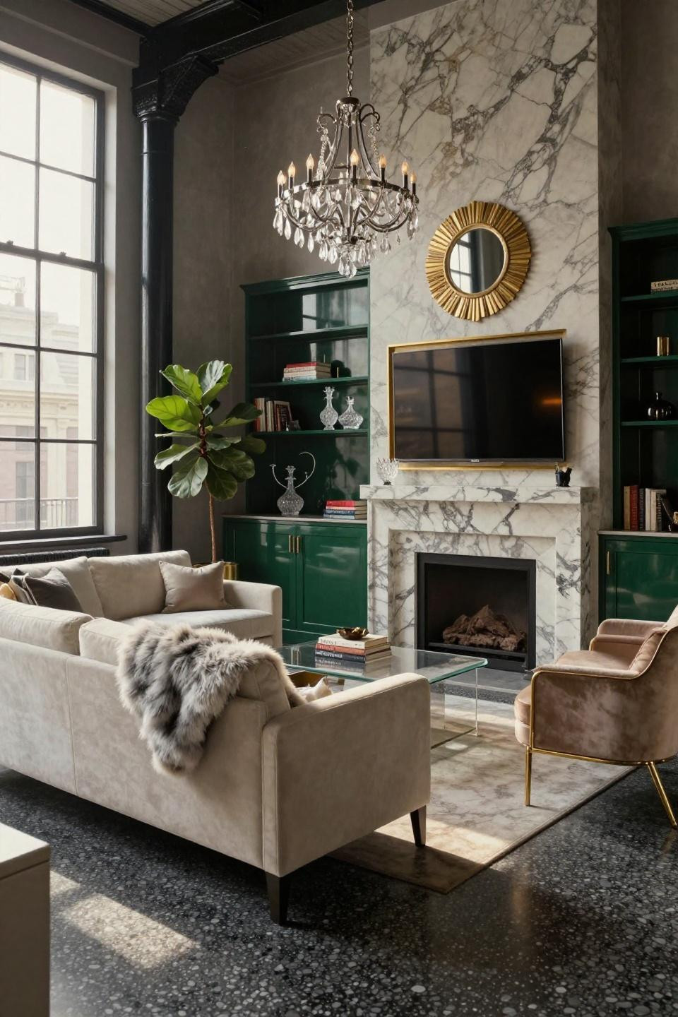 Corner chimney living room with book-matched Calacatta marble and 75-inch Samsung Frame TV in brass gallery frame