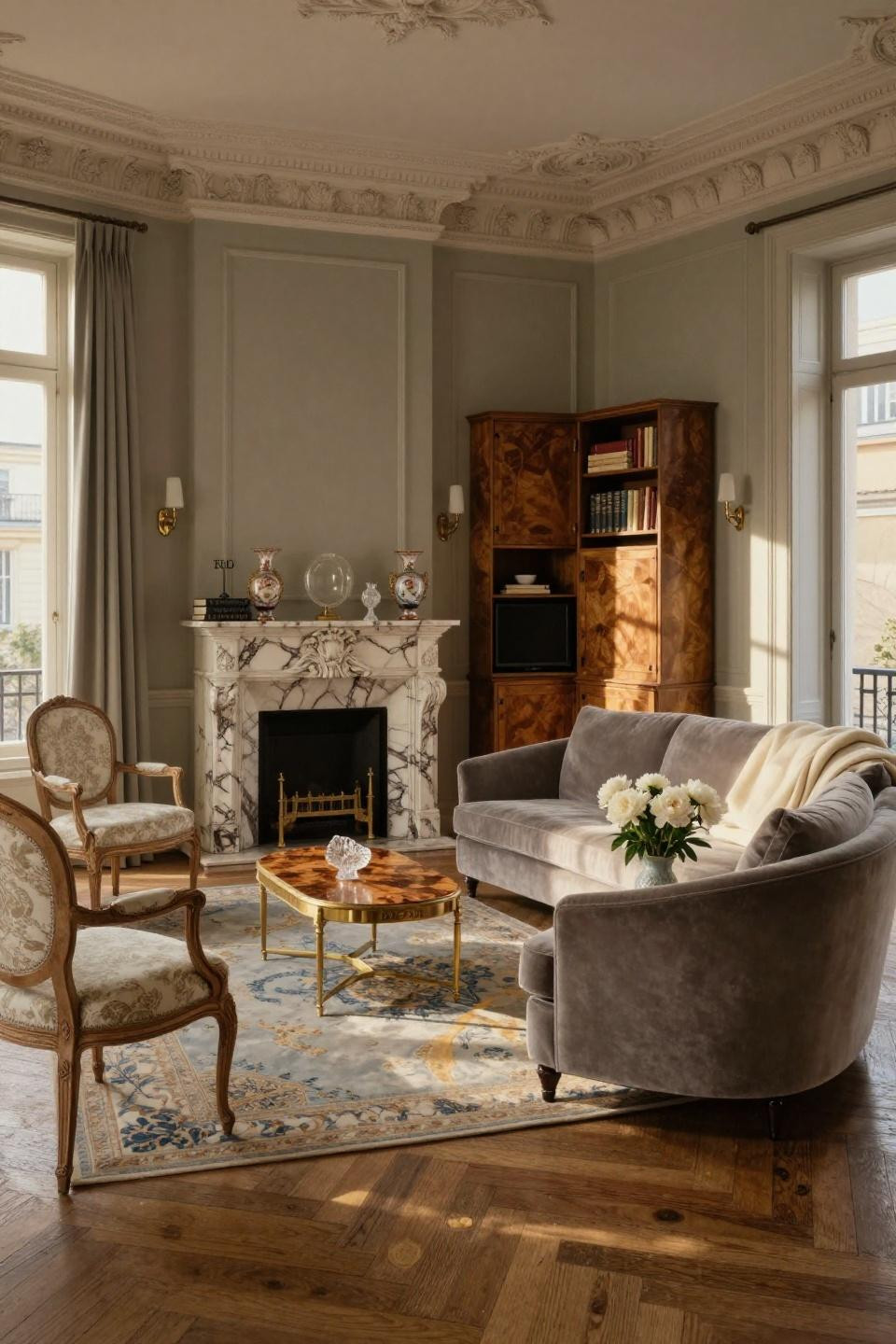 Corner chimney living room featuring book-matched Calacatta Gold marble with hand-carved Louis XVI mantel