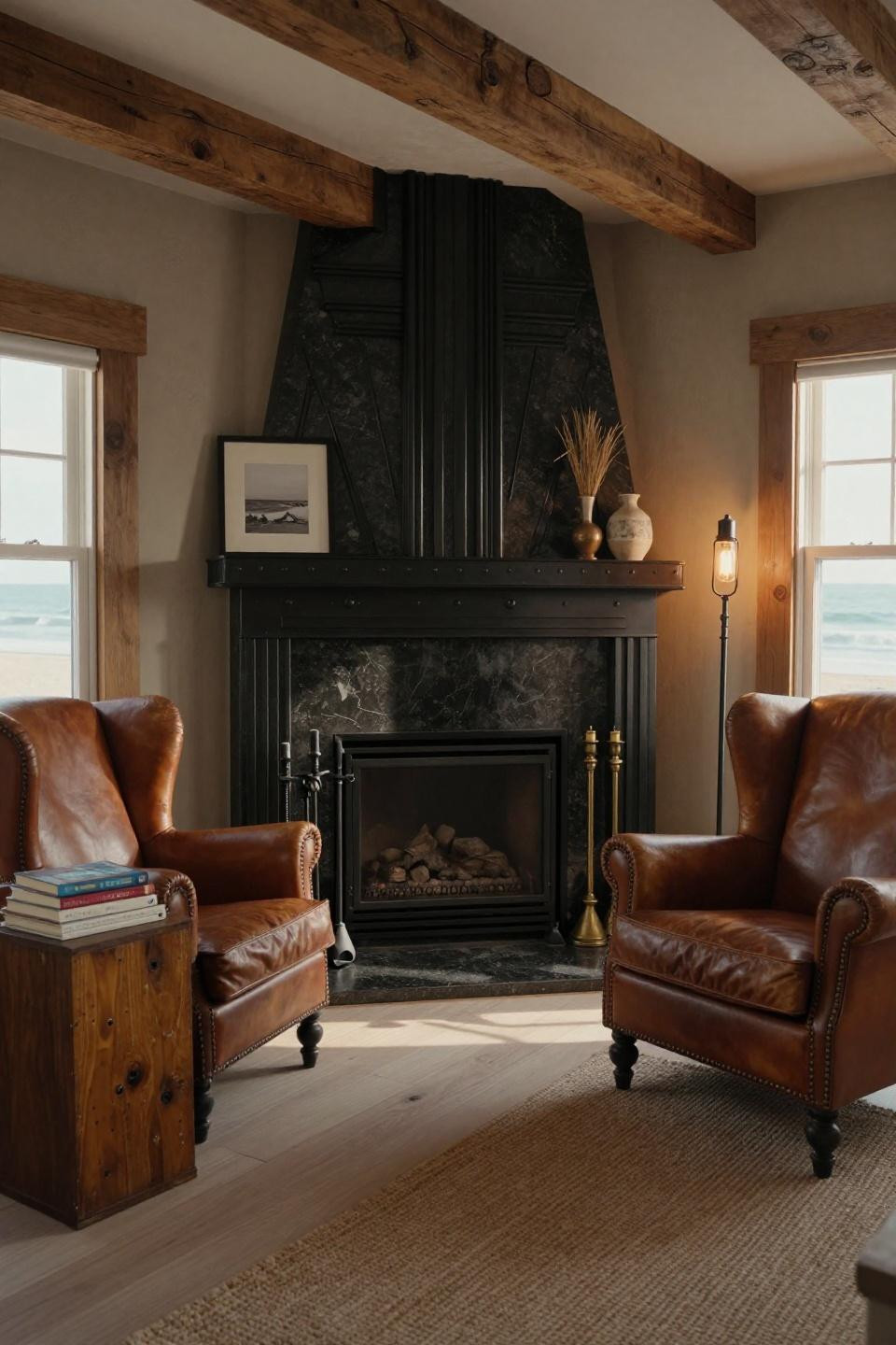 Corner chimney living room detail with honed absolute black granite and oil-rubbed wrought iron Art Deco screen