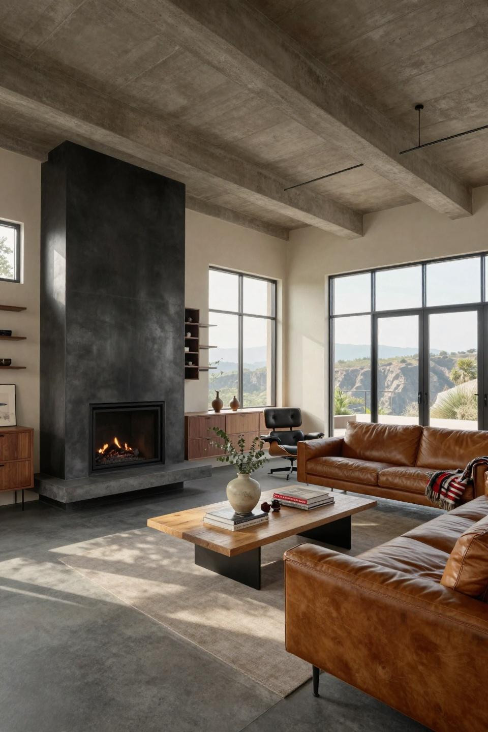 Corner chimney living room featuring blackened steel and honed concrete with cantilevered floating hearth