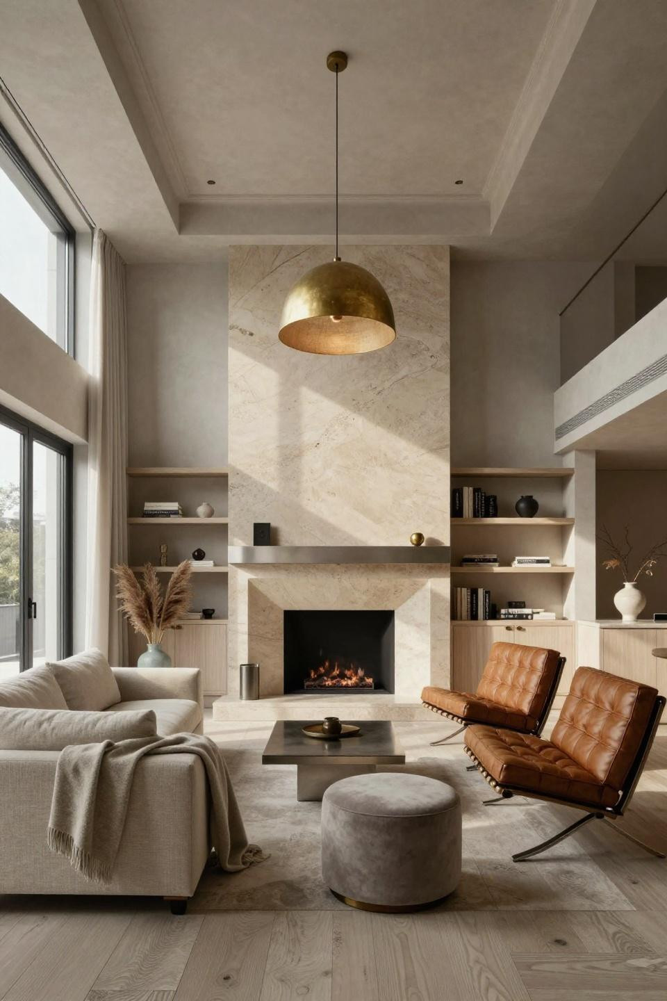 Corner chimney living room with book-matched French limestone and integrated satin nickel mantel