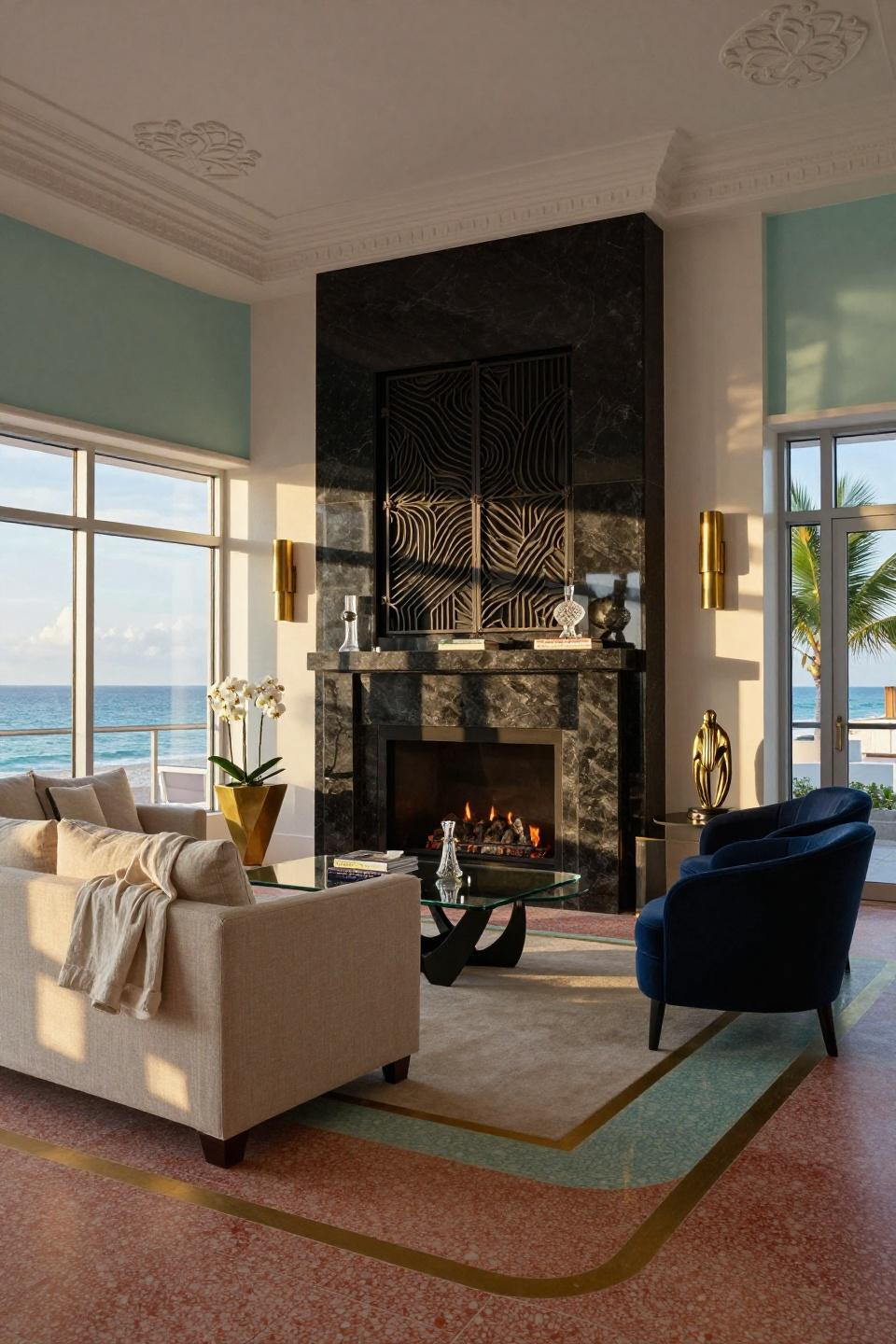 Corner chimney living room featuring absolute black granite with wrought iron Art Deco wave-pattern screen