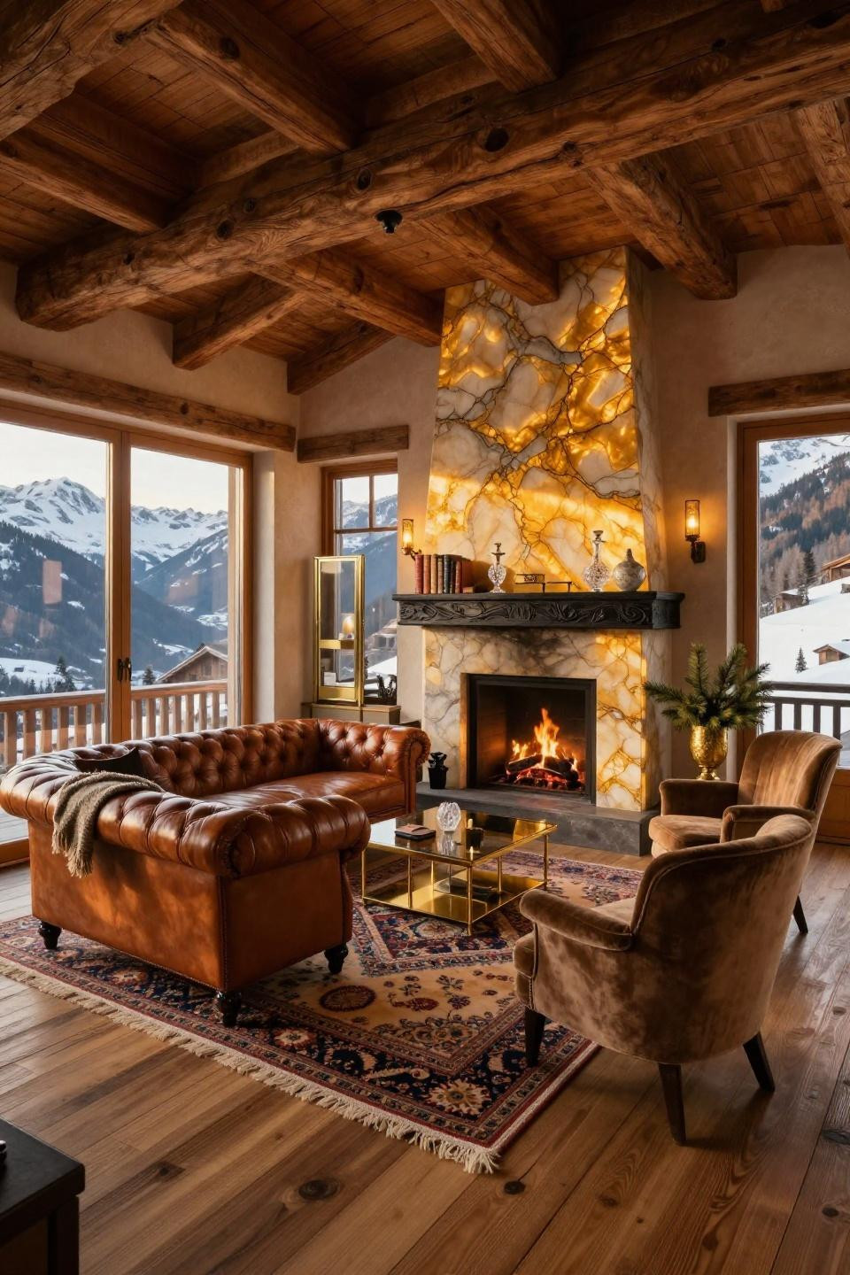 Corner chimney living room showcasing backlit honey onyx panels with 24k gold leaf surround and hand-carved ebony mantel