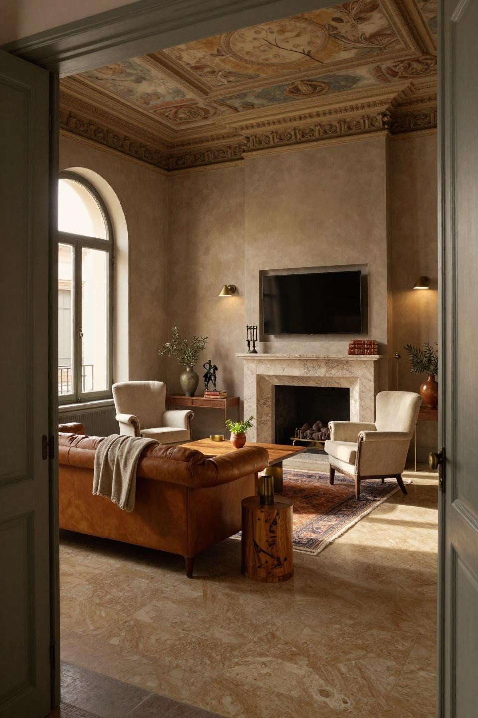 Corner chimney living room featuring hand-carved travertine with aged bronze mantel and fireplace tools