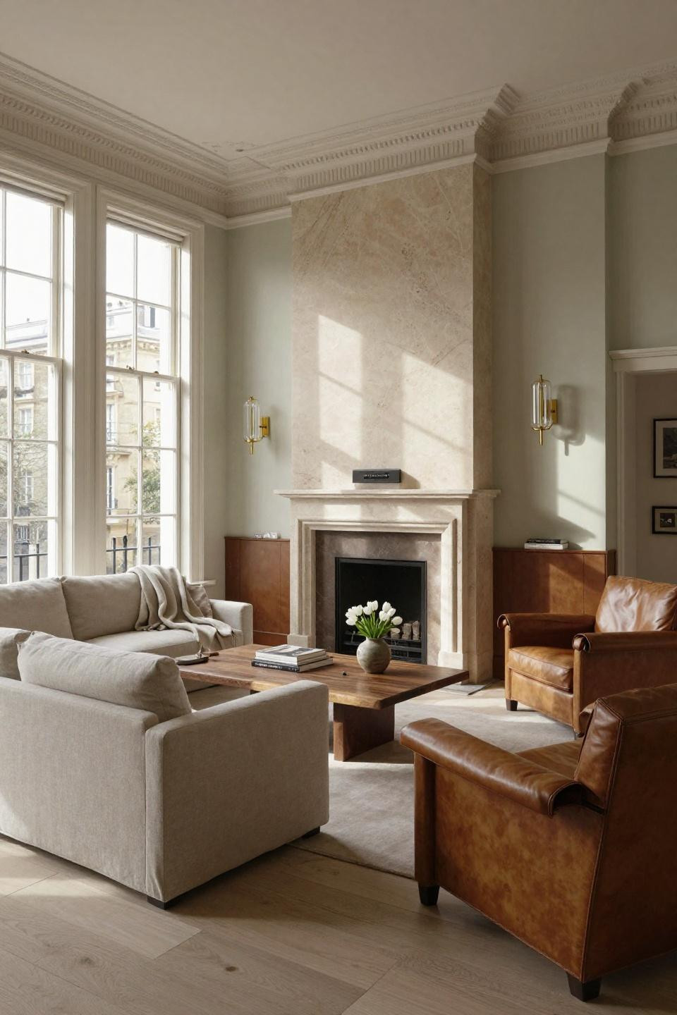 Corner chimney living room with honed Jerusalem limestone and integrated TV mount in saddle leather panels
