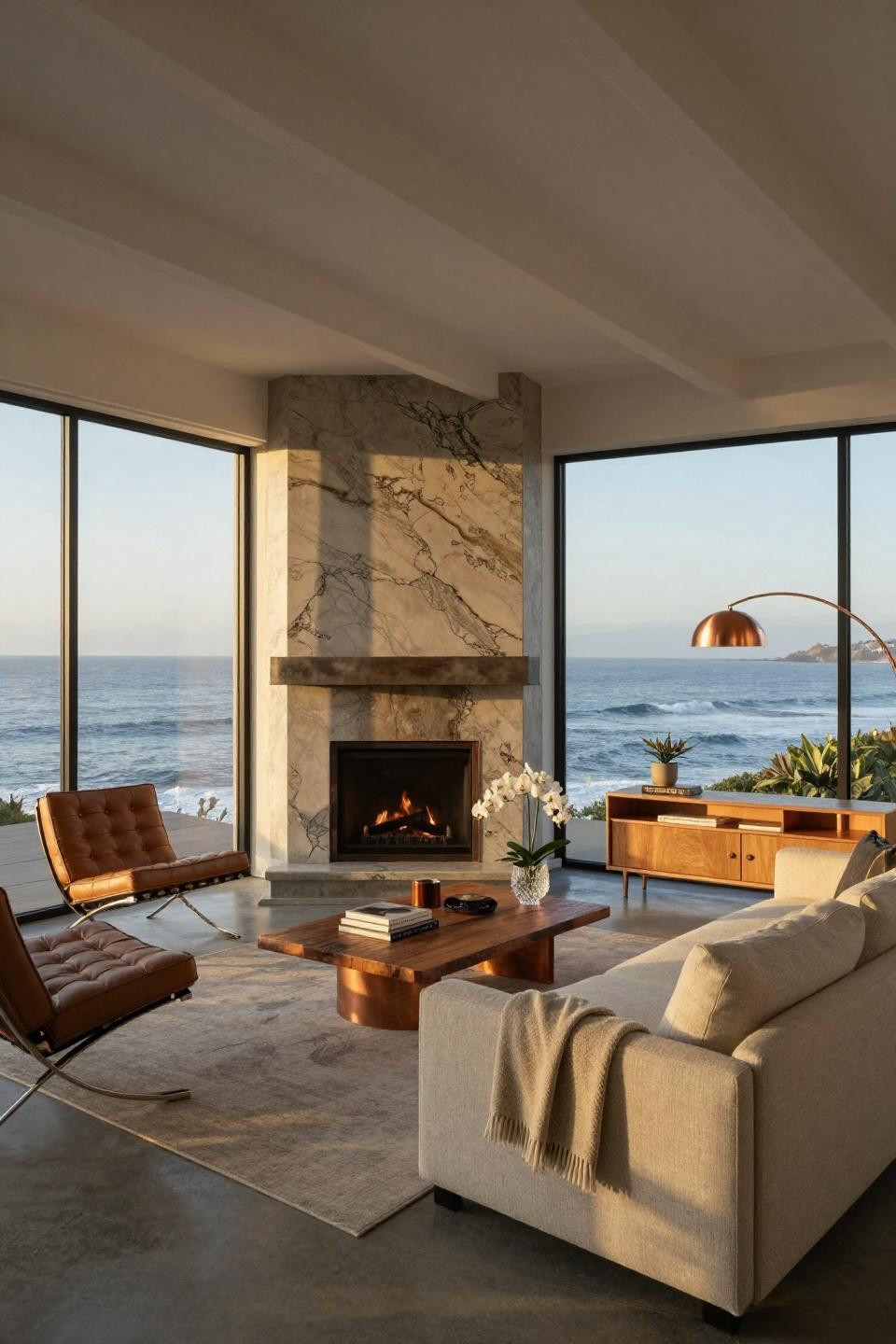 Corner chimney living room featuring book-matched quartzite stone with aged copper surround
