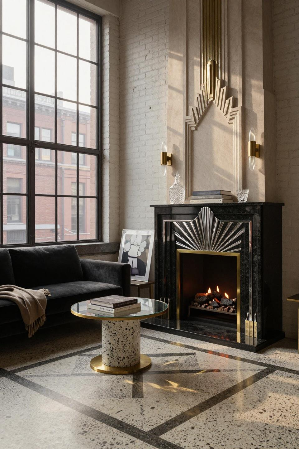 Corner chimney living room with absolute black granite Art Deco sunburst pattern in polished chrome
