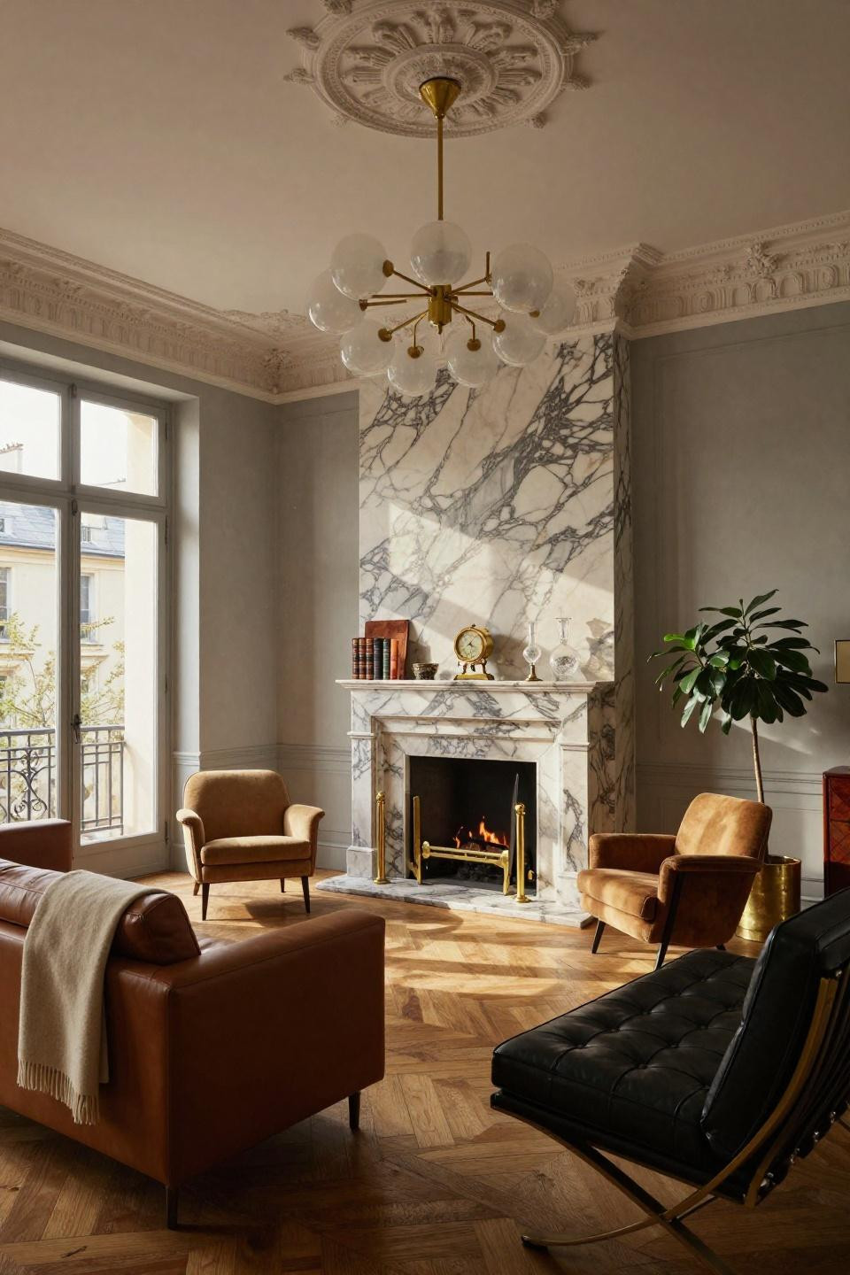 Corner chimney living room featuring Calacatta Gold marble with hand-carved walnut burl mantel
