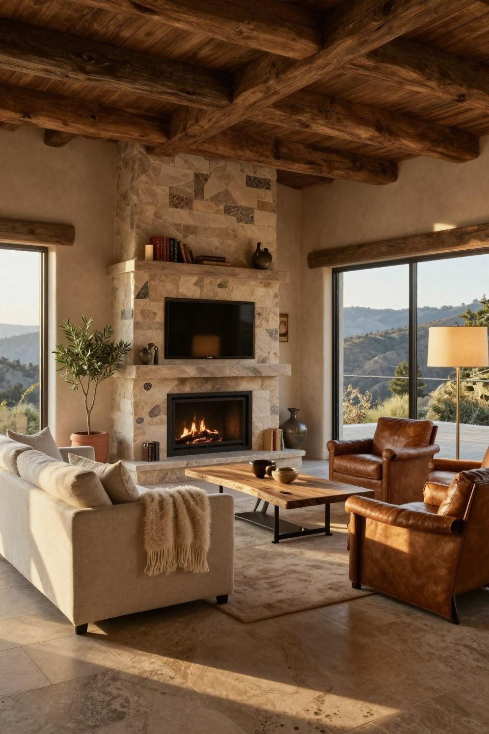 Corner fireplace with TV above featuring stacked French limestone and blackened steel surround