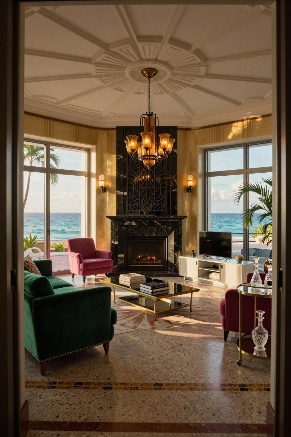 Small living room with fireplace layout featuring absolute black granite with wrought iron Art Deco screen