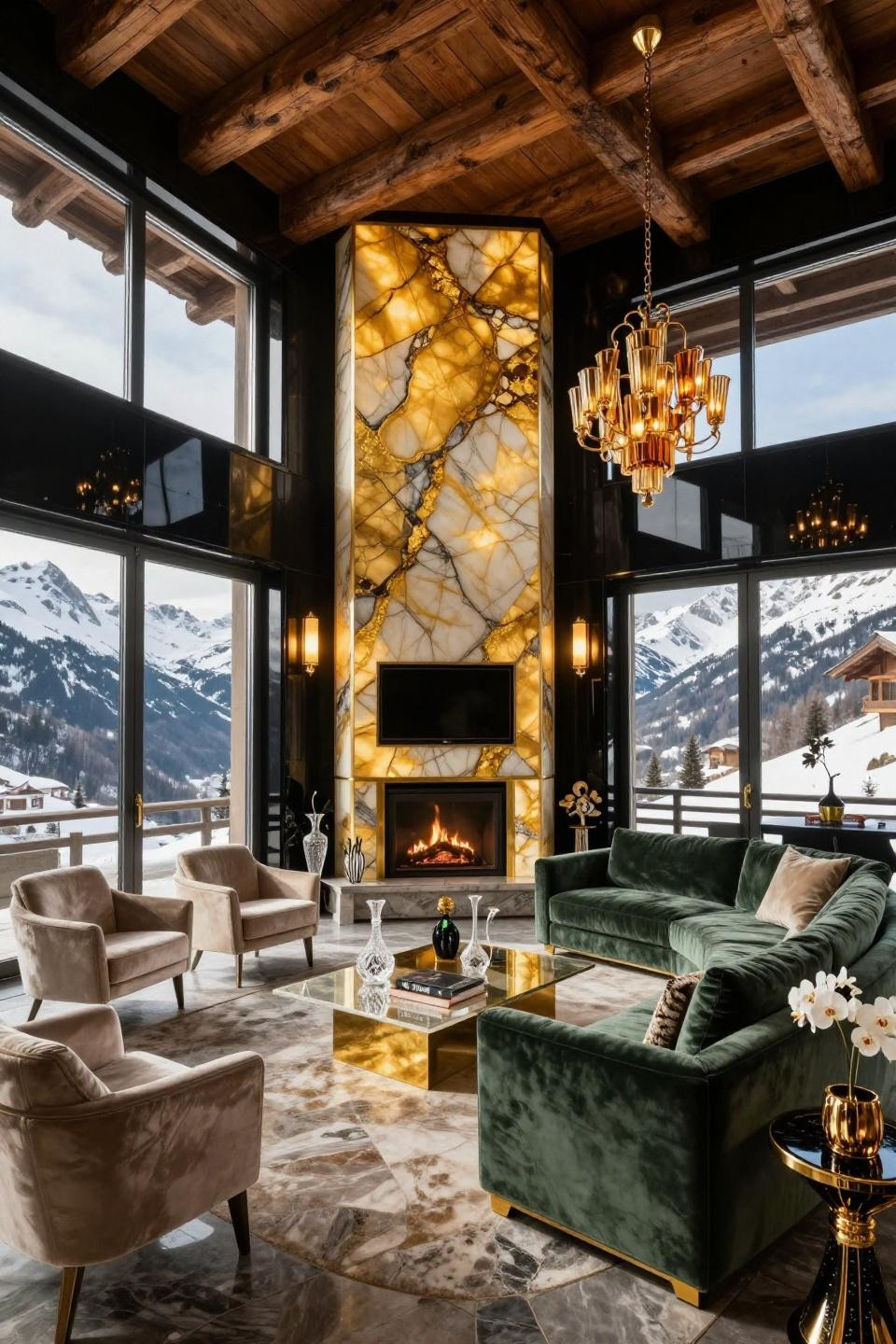 Small living room ideas with fireplace showcasing backlit honey onyx panels with 24k gold leaf trim