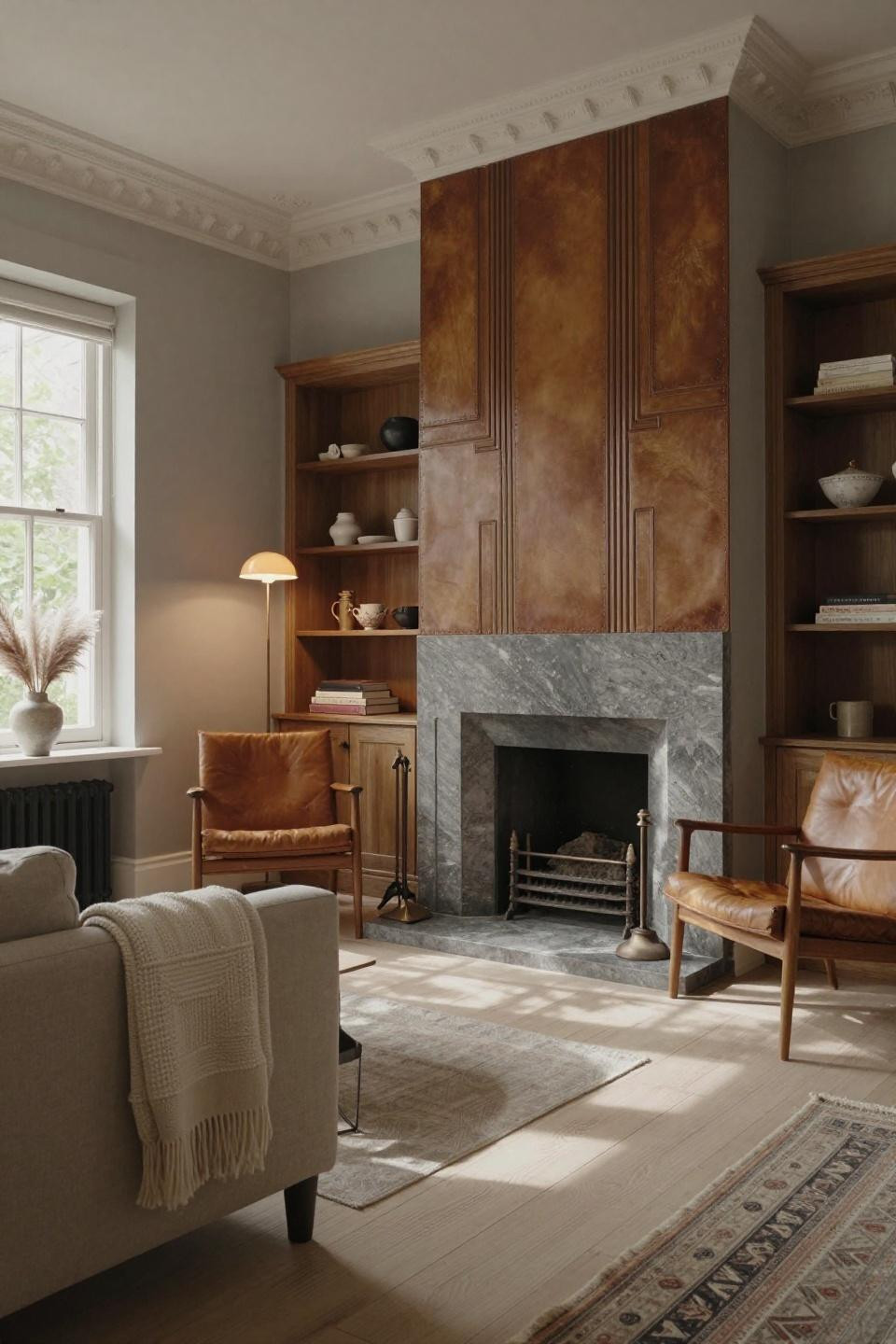 Corner fireplace ideas farmhouse featuring Jura Grey limestone with aged leather panel surround