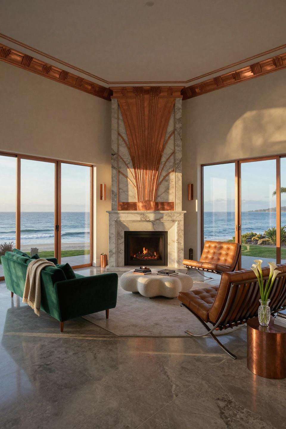 Corner fireplace living room layout with quartzite slabs and aged copper Art Deco surround