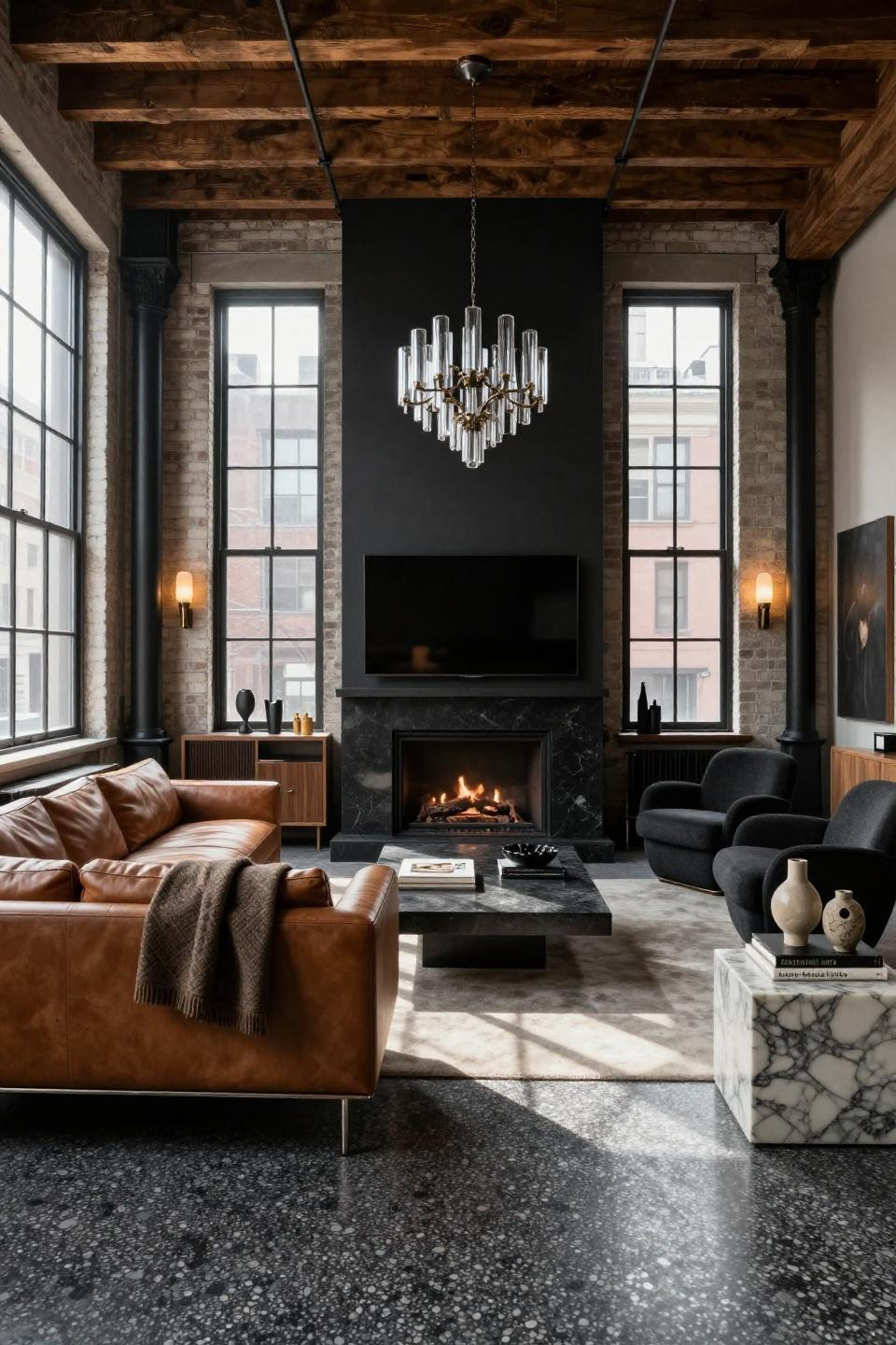 Corner fireplace living room with TV featuring absolute black granite surround and terrazzo flooring