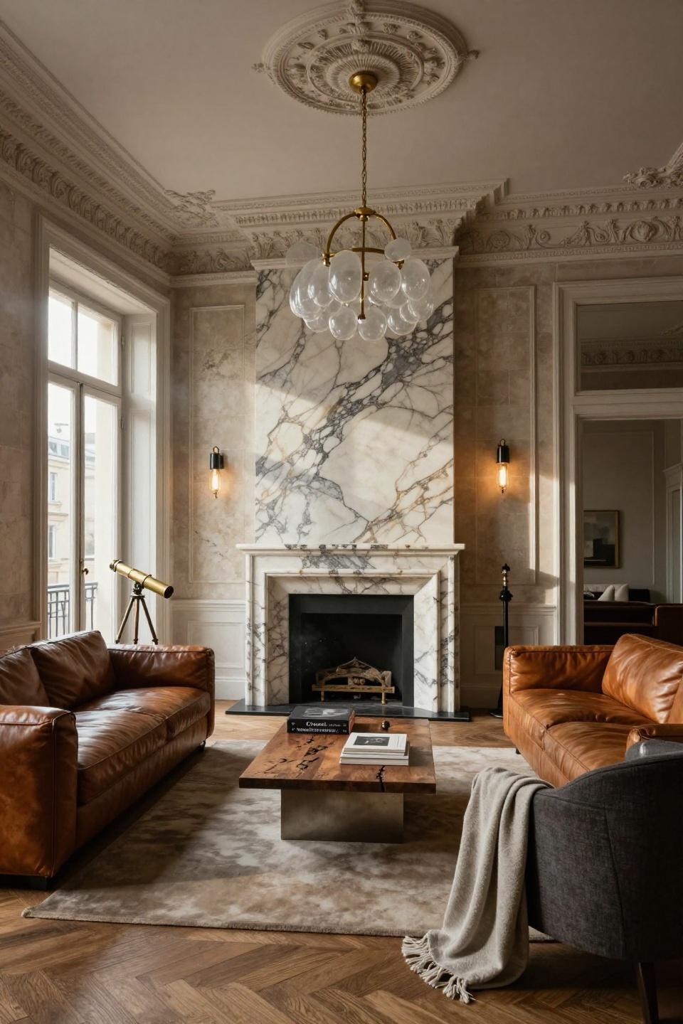 Small living room with corner fireplace featuring Calacatta Gold marble surround and cognac leather sofa