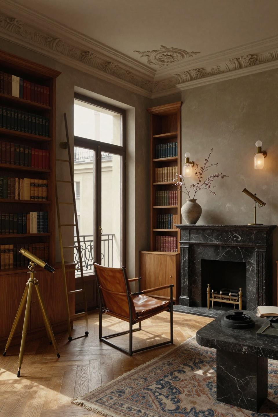 Cozy Library Room with hand-carved mahogany shelving and bronze ladder