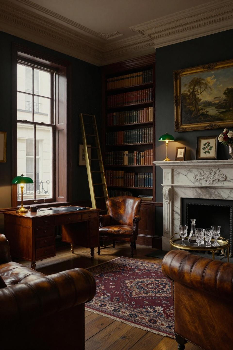Cozy Library Room with mahogany shelving on Farrow Ball Railings walls