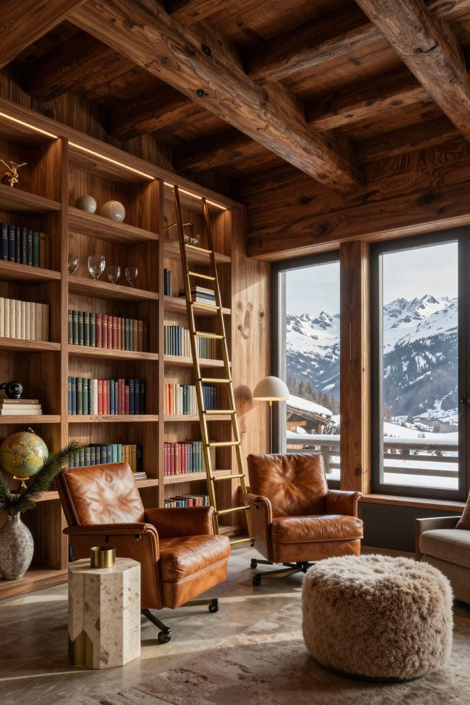 Cozy Library Room with walnut burl paneling and museum-quality brass ladder