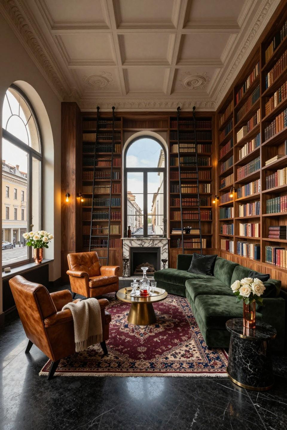 Cozy Library Room with walnut shelving and wrought iron rolling ladders