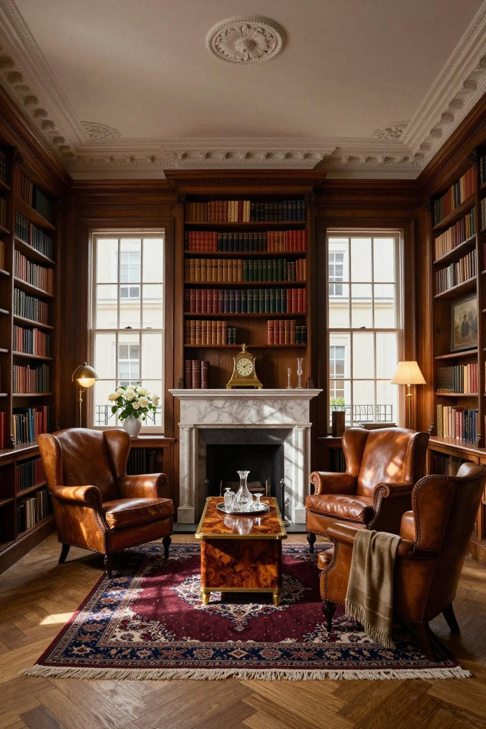 Cozy Library Room with mahogany bookshelves and original Carrara fireplace