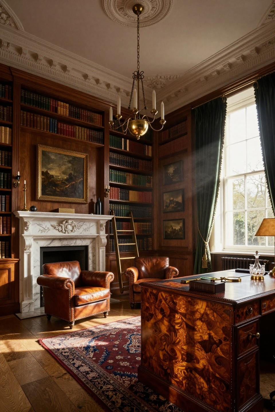 Cozy Library Room with lacquered walnut shelving and statuary marble fireplace