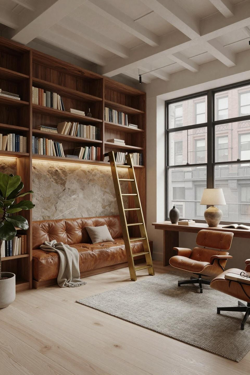 Cozy Library Room with walnut bookshelves and honed limestone accent wall
