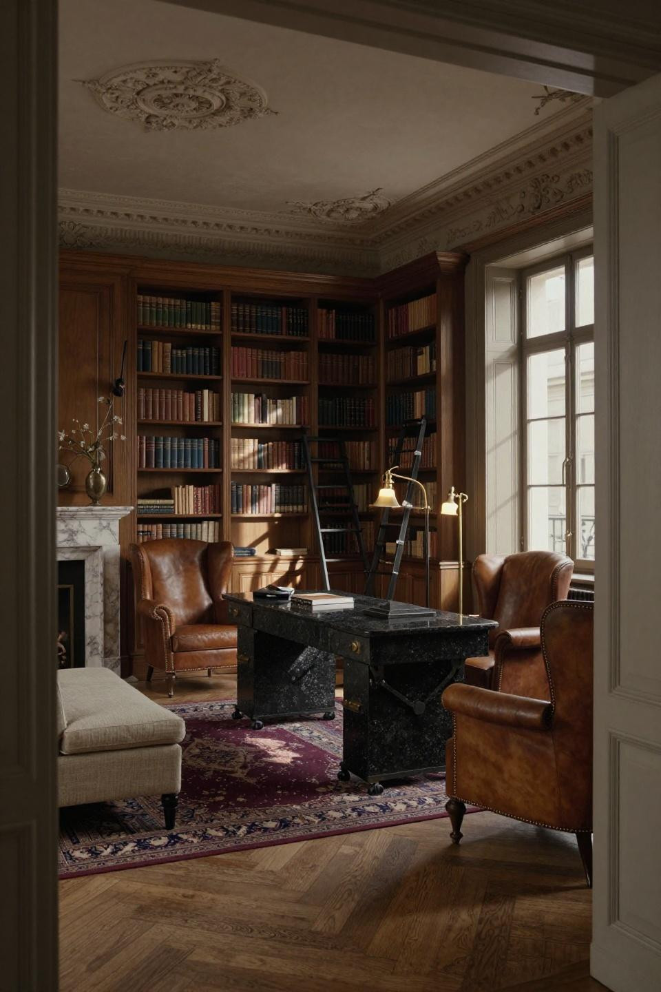 Cozy Library Room featuring mahogany shelving with blackened iron ladder