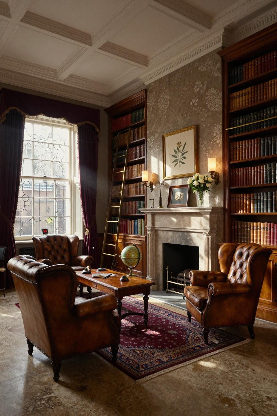 Cozy Library Room with travertine fireplace and mahogany bookshelves