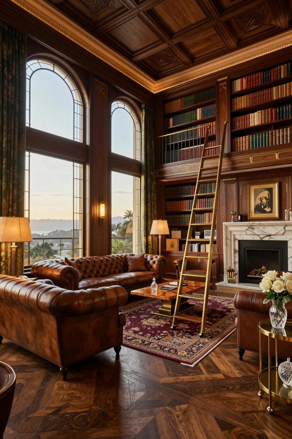Dream Home Library with mahogany millwork and Calacatta Gold fireplace