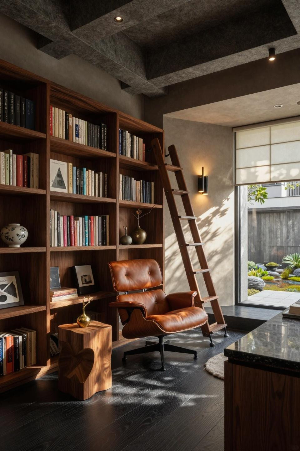 Small Library Room Ideas with walnut burl shelving and zen courtyard views