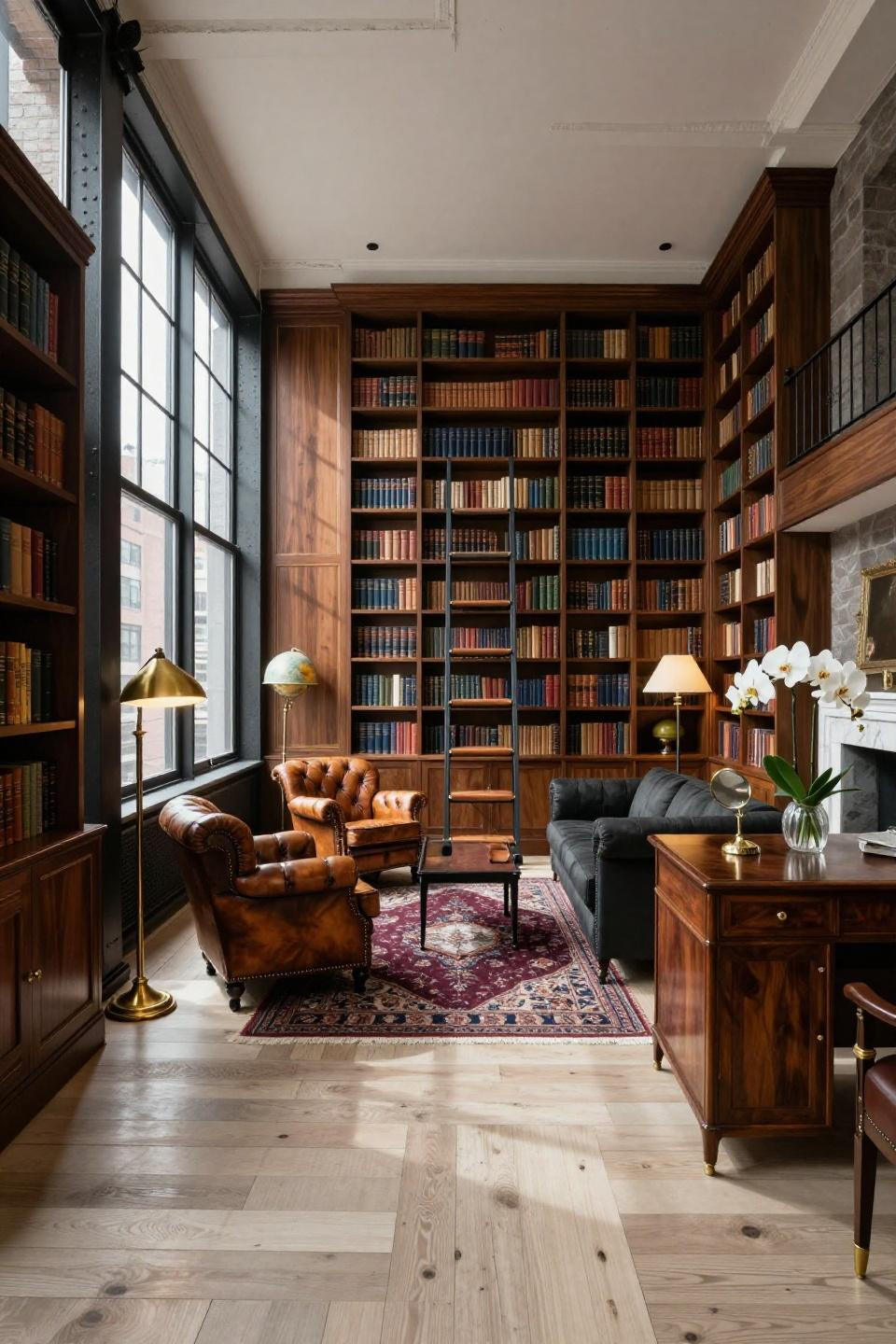 Small Home Library Ideas featuring American black walnut with brass inlay