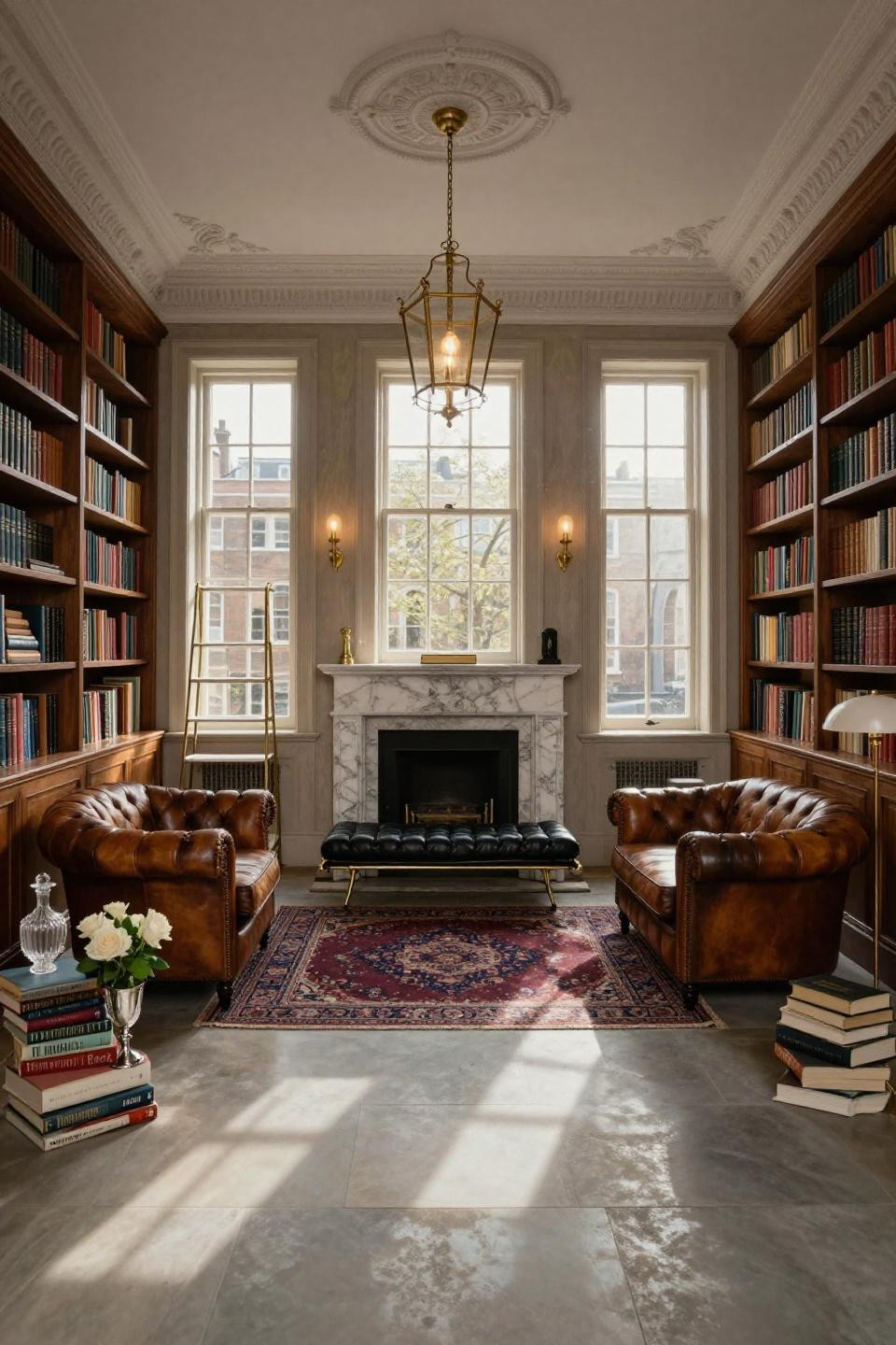 Cozy Library Room Ideas with cerused white oak and Carrara marble fireplace