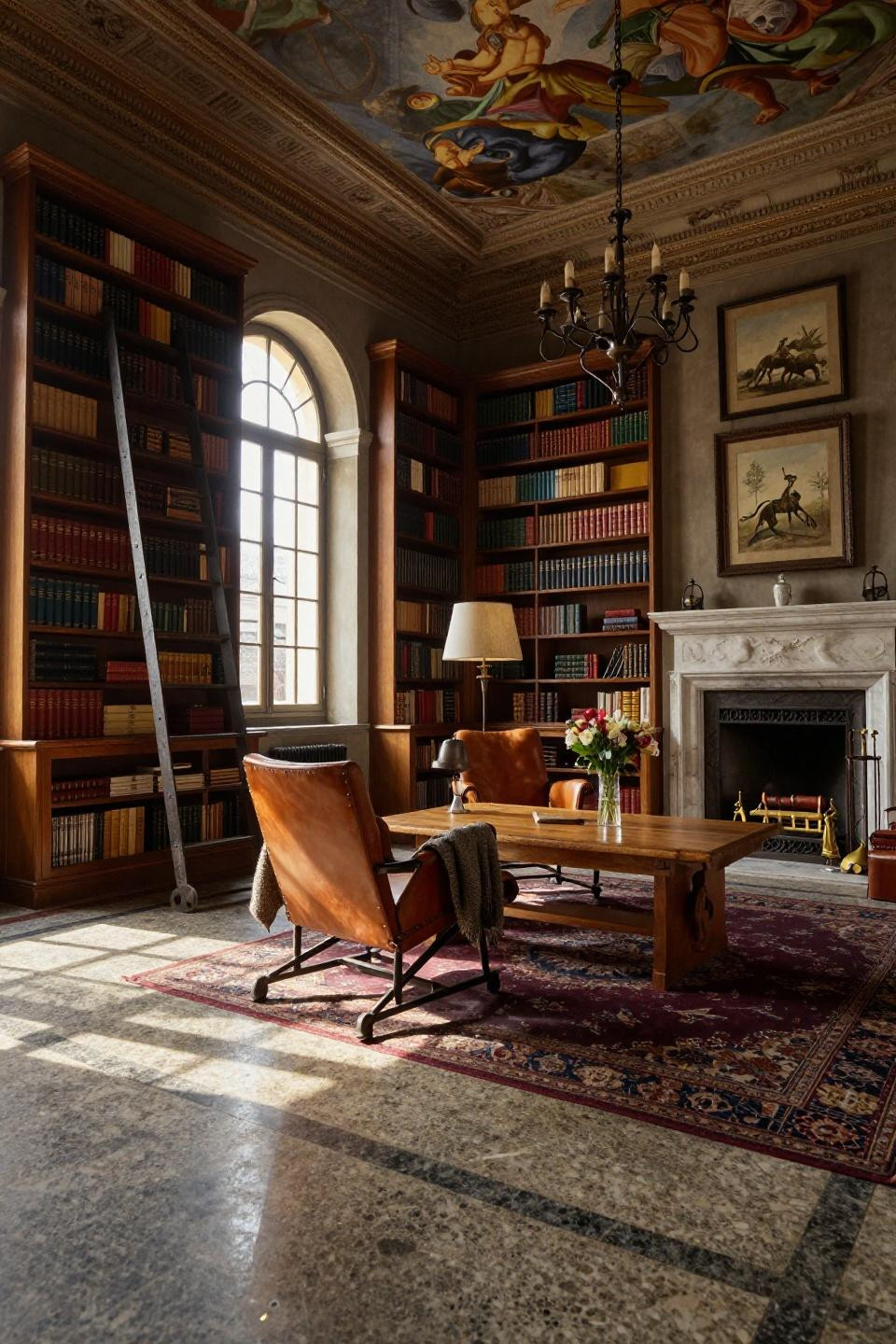Library Room Design featuring walnut shelving with wrought iron ladder