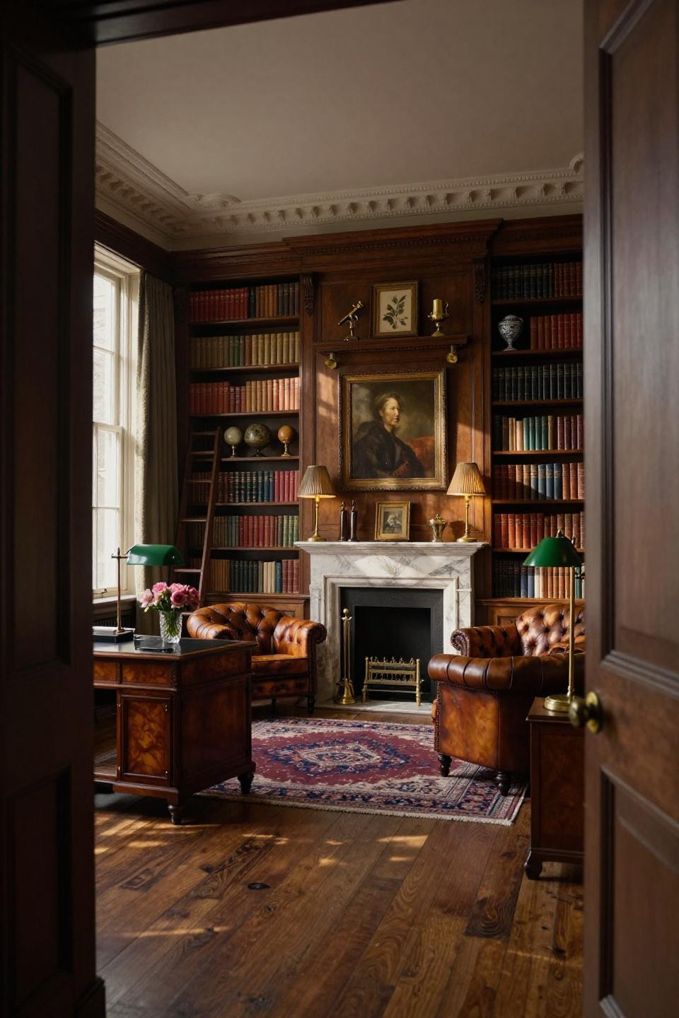 Moody Home Library with walnut burl shelving and Calacatta Gold fireplace