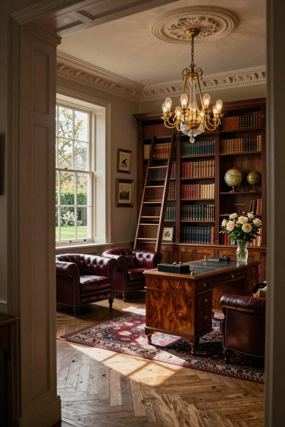 Home Library Decor with bespoke walnut shelving and antique brass ladder