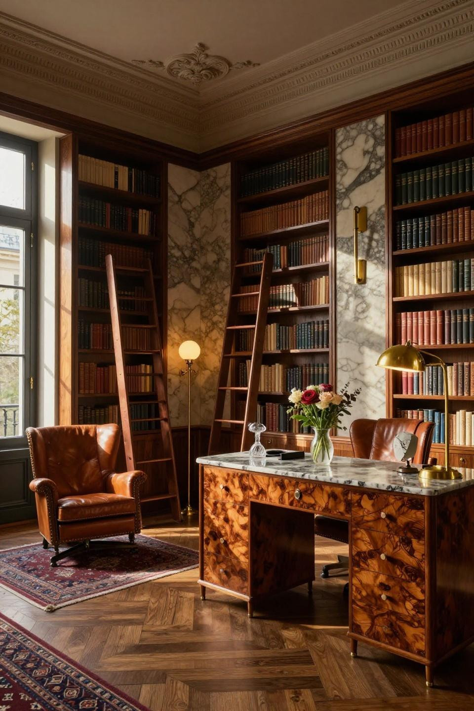Home Library Ideas Cozy with walnut burl shelving and quartzite accents