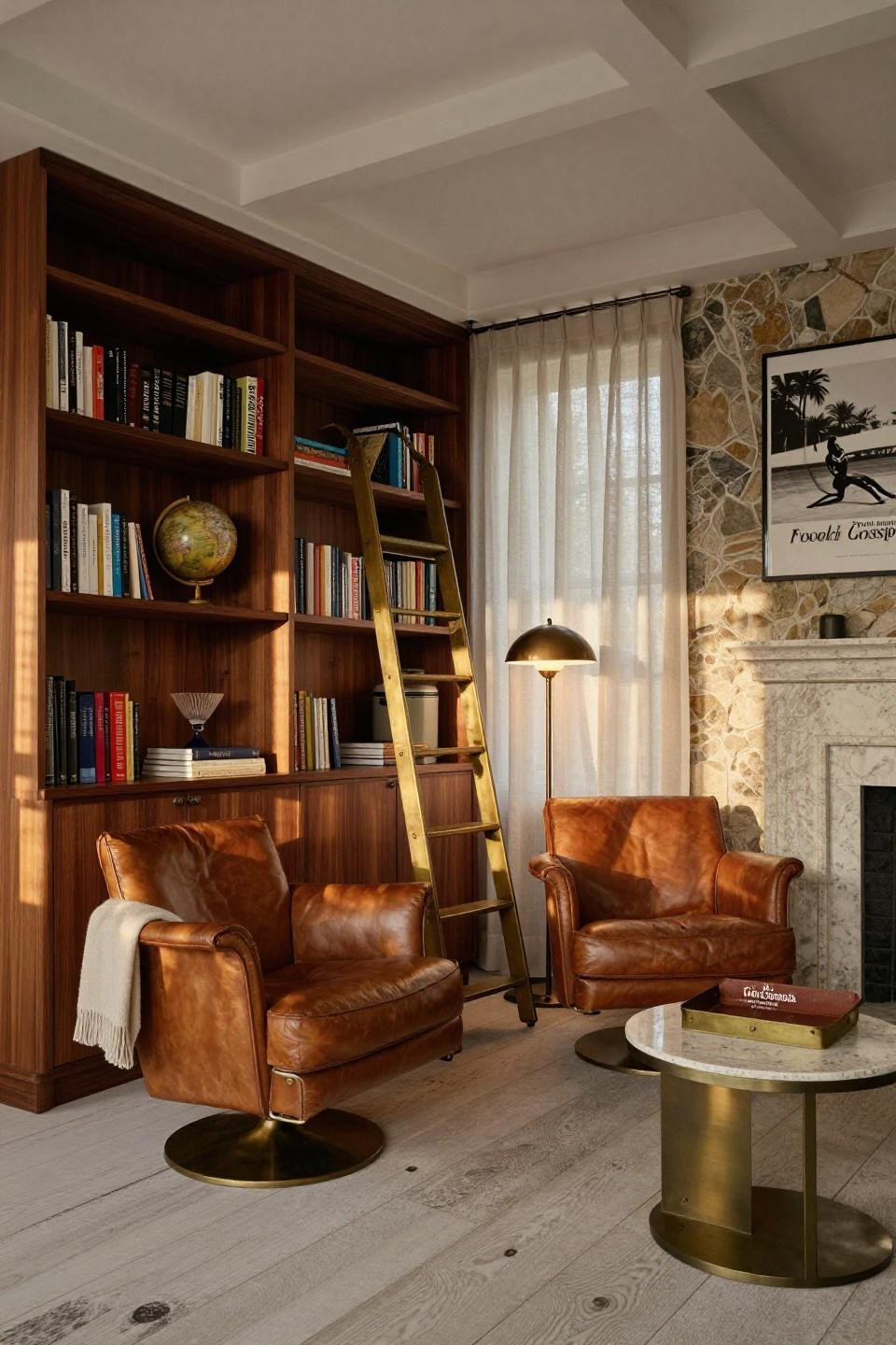 Cozy Library Room with floor-to-ceiling walnut bookshelves and brass library ladder
